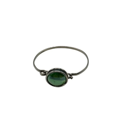 Green Glass Cabochon Silver-Tone Bracelet with Hook Clasp - Picture 2 of 9